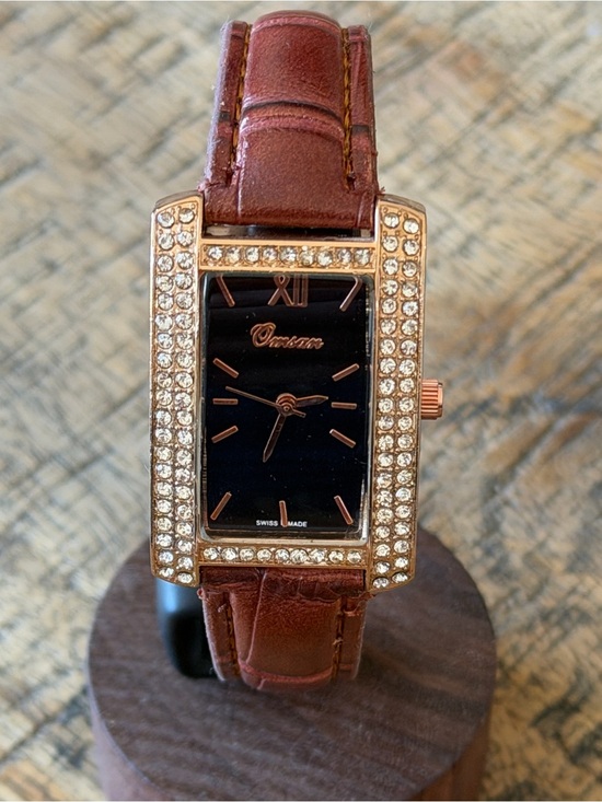 Omcan Accessories - NEW! Omcan Crystal Rectangle Women’s Watch Brown Leather Swiss Made